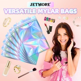 JETMORE 200 Pcs Holographic Bags, Mylar Resealable Bags, 2.4x5.9" Smell Proof Bags, Foil Pouch Sample Freshie Packaging Bags for Small Business Jewelry, Candy, Party Favor, Gift, Food Storage