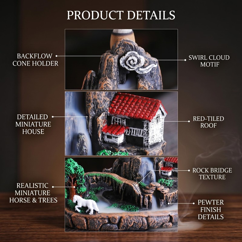 Mountain Waterfall Incense Burner, Resin Backflow Incense Holder with 60