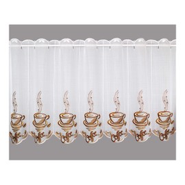 Kitchen Net Curtain Coffee Short Curtain with Coffee Motif Embroidered in White and Brown Vogtland Lace in 2 Heights