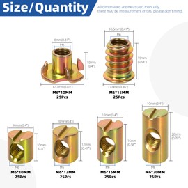 Glarks 150pcs M6 x 10/12/15/20mm Nickel Plated Barrel Cross Dowels Slotted Nut Kit, Includes 100pcs Barrel Nut, 25pcs M6x10mm 4-Pronged Tee Nut, 25pcs M6x15mm Hex Socket Threaded Insert Nuts