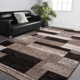 FlyDOIT Modern Geometric Patchwork Area Rug, 4x6 Chocolate Large Rugs for Living Room, Rockwood Collection Indoor Rugs for Bedroom, Throw Carpet Floor Decor for Entryway Dining Room Office Nursery