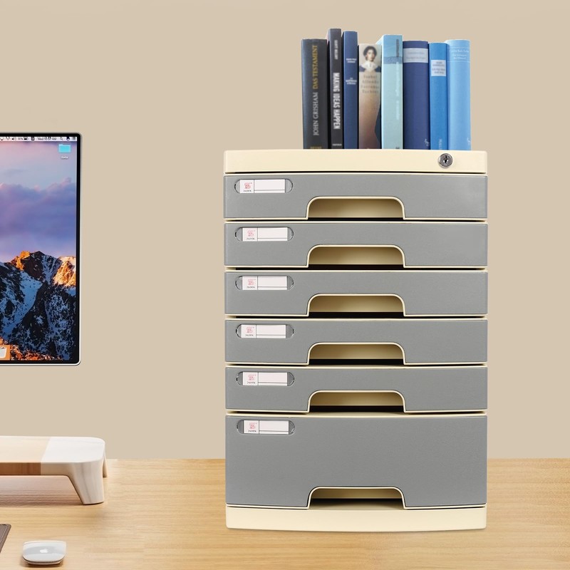 Eleeferri Drawer File Box Lockable 6 Compartments Plastic Desktop Organizer