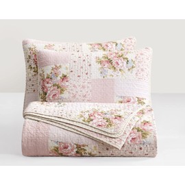 Chezmoi Collection Rosy 2-Piece Twin Size Printed Patchwork Cotton Quilt Set - Pink Flower Floral Striped Polka Dots - Stone Washed Lightweight Bedspread, Twin Size