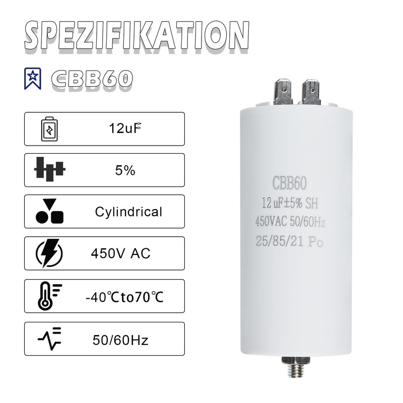 Iruihoo CBB60 Capacitor 12µF 450V Capacitor 50/60Hz Starting Capacitor 12UF