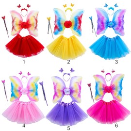 Rainbow Fairy Costume Fancy Dress Up for Girls, Butterfly Wings, Tutu, Magic Wand and Headband Set for 3-8 Years Girls (04#)