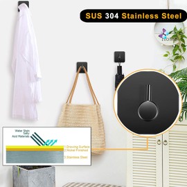 Nolimas Self Adhesive Towel Hooks, Heavy Duty Wall Hooks, Waterproof SUS304 Stainless Steel Hooks for Hanging Coat,Hat,Towel Robe Hook Rack Bathroom and Bedroom, Matte Black-6 Packs