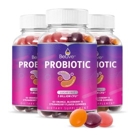 BeLive Probiotic Gummies - Probiotics with 5 Billion CFUs for Digestive Health, Men, Women & Kids Probiotic Supplements for Immune Support, Sugar Free & Vegan – Blueberry, Strawberry & Orange | 3-Pack