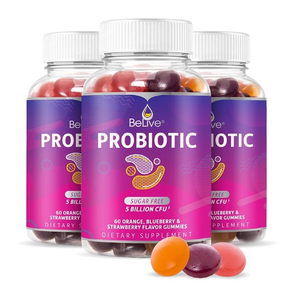 BeLive Probiotic Gummies - Probiotics with 5 Billion CFUs for Digestive Health, Men, Women & Kids Probiotic Supplements for Immune Support, Sugar Free & Vegan – Blueberry, Strawberry & Orange | 3-Pack