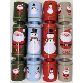 Crackers Ltd Set of 4 Reusable Tin Christmas Tins - Shaped Like Bon bons (no Snaps) Hats and Jokes Starter Pack Included