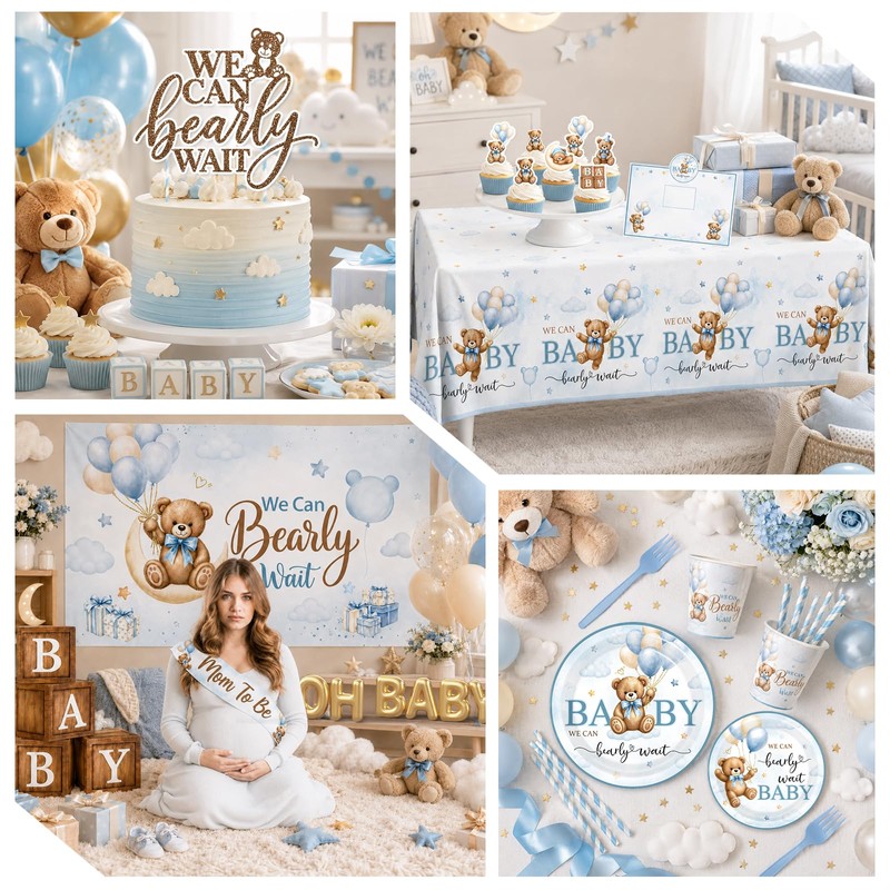 Bear Baby Shower Decorations,260pcs All-in-1 Blue Bear Party Decorations Plates