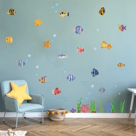 Colorful Undersea Fish Wall Decals Peel and Stick Ocean Fish and Seaweed Wall Stickers for Nursery Bathroom Kid Room Wall Art Decor