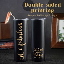 Onebttl 50th Birthday Gifts for Women, Female, Her - 50 and Fabulous - 20oz/590ml Stainless Steel Insulated Tumbler with Straw, Lid, Message Card - (Black)