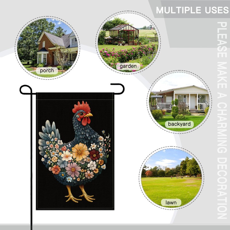 Floral Chicken Garden Flag 12x18 Inch For Outdoor Decor