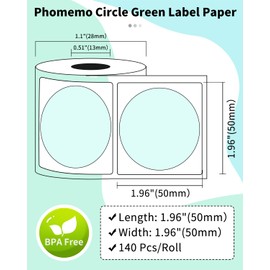 Phomemo Circle Thermal Label Compatible with M110/M100/M120/M150/M200/M220/M250 Label Maker, Sticker Round Thermal Label, 1.96" x 1.96"(50x50 mm), Black on Green