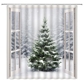 GCTNBJL Pine Tree Winter Shower Curtain Green Tree Forest Snowflake Snowy Day Nature Winter Scenery Bathroom Decor Fabric Curtain with Hooks