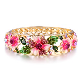 EleQueen Women's Gold-tone Austrian Crystal Enamel Flower Leaf Bangle Bracelets Pink Color