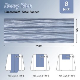 Fixwal 8 Pack Dusty Blue Cheesecloth Table Runners, Pleated Boho Gauze Table Runner, Long Semi-Transparent Table Decorations for Parties, Showers, Birthdays and Weddings(35x120 Inch)