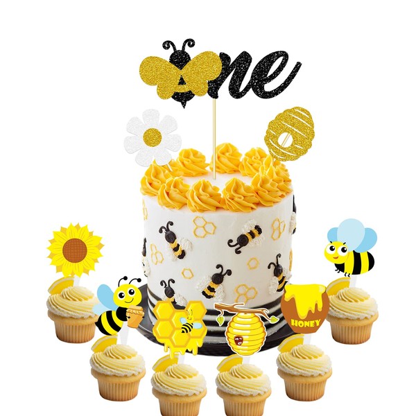 Vetwo 33 piezas de decoración para tartas de abejorro, abejorro, abejorro, abeja, abeja, colmena de abeja, primer día de abeja, feliz primer día de abeja, dulce abeja, primer cumpleaños, decoración de fiesta de baby shower