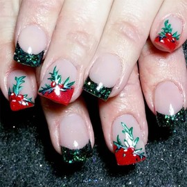 24Pcs Christmas Press on Nails Short Square Nails Green Glitter French Tip Fake Nails Reusable Christmas Cherry Fruit Acrylic Nails New Year False Nails Full Cover Stick on Nails for Women Girls