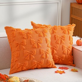 Mixweer Bow Pillow Covers Set of 2 Coquette Room Decor Cute Faux Fur Soft Coquette Bowknot Preppy Stuff Fluffy Plush Aesthetic Pillow Covers for Bed Sofa Couch(18 x 18 Inch,Orange)