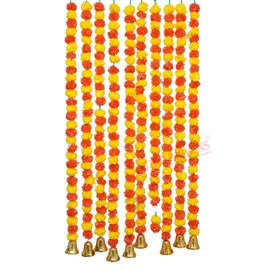 TIED RIBBONS 4 Feet Door Toran Bandhanwar (Set of 10) Artificial Marigold Flowers Garland with Golden Bells for Diwali Décorations for House, Yellow, Orange, Garland for Door Wall Hanging Decor