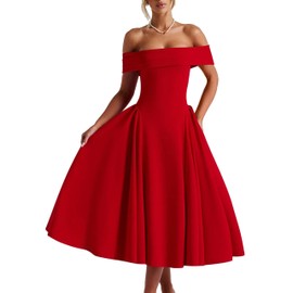 YMDUCH Women's Elegant Off Shoulder Short Sleeve A line Flowy Swing Party Evening Long Dress Red