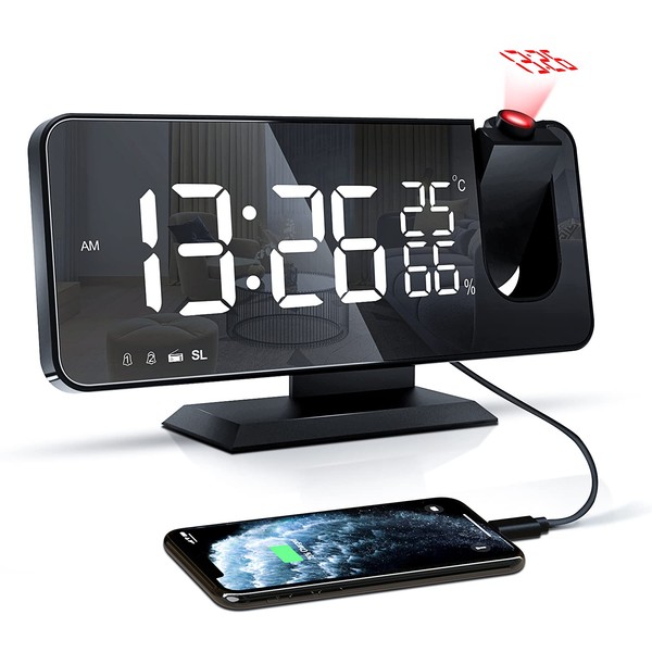 Projection Alarm Clock, Digital Alarm Clock with Projection, Radio Alarm Clock with USB Charging Port, Snooze Double Alarm Clock, LED Mirror Screen, Adjustable Brightness, Temperature and Humidity Display