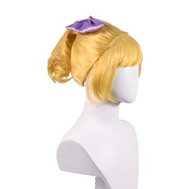 abouder Golden Yellow Curly Pony Tail Wig Bright Yellow Wave Wigs with Purple Bow Hairpin Women's Costume Wig for Cosplay Party