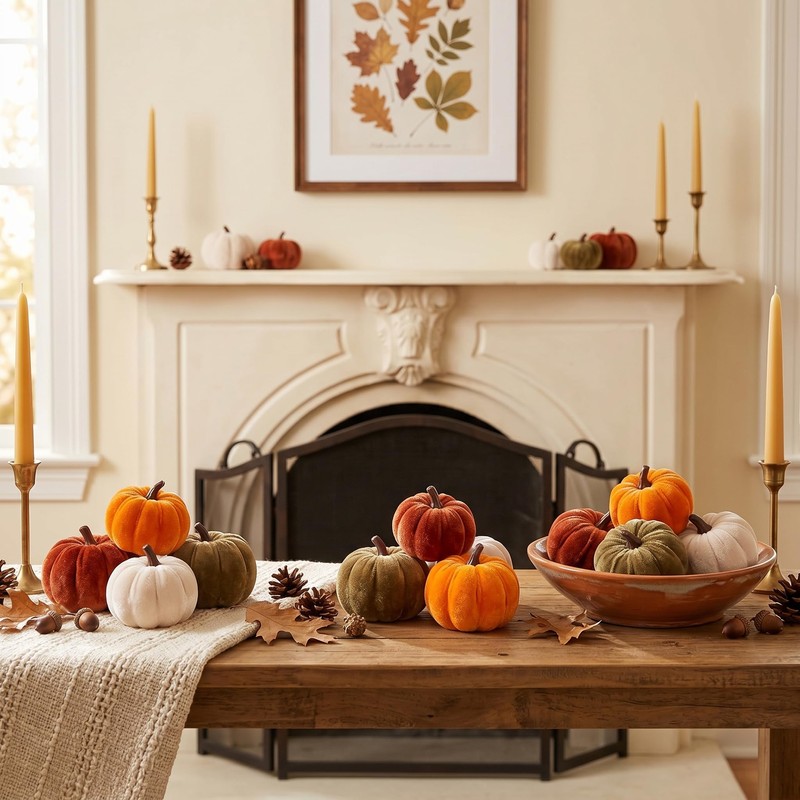 FJAKA 12 Pcs Velvet Pumpkin Mini Decor, Artificial Small Foam