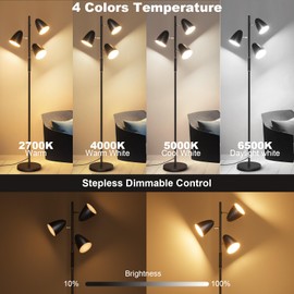 QiMH LED Floor Lamp for Living Room, Modern Dimmable Standing Lamp with 4 Color Temperature, 3 Rotatable Light with Remote and Touch Control Tree Floor Lamp for Bedroom Office Lighting, Black