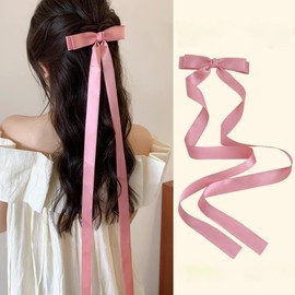Yheakne Vintage Black Bow Hair Clip Barrette Long Tail Black Bow Hear Clip Barrette Black Bowknot Barrette Black Silky Bow Ribbon Barrette Silky Hair Clip Headwear Jewelry for Women (Pink)