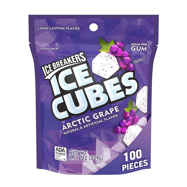 Ice Breakers Ice Cubes Gum, Arctic Grape, Sugar Free with Xylitol, 100 pieces, 8.11 Ounce (1 Bag)