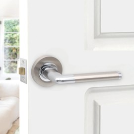 Infinity Decor Dual Tone T Bar Lever on Round Rose Door Handles Set with Tubular Latch and Hinges Pack - for Interior & Exterior Use