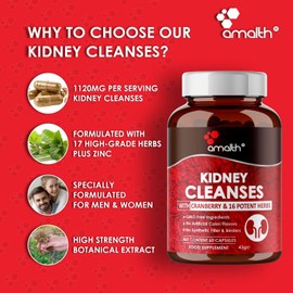 Kidney Cleanse Supplements Kidney Support Formula with Premium Cranberry Extract- Healthy Kidneys and Urinary Tract Support- Juniper, Uva Ursi, Nettle Leaf & More 60 Veg Caps- Amalth