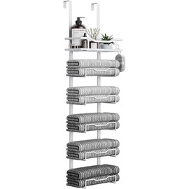 Hanging Towel Racks for Bathroom No Drill - 6-Tier Over The Door Bath Towel Storage Organizer for Small Bathrooms - Back of Door Towel Holder Hanger for Rolled Towels RV Camper All White
