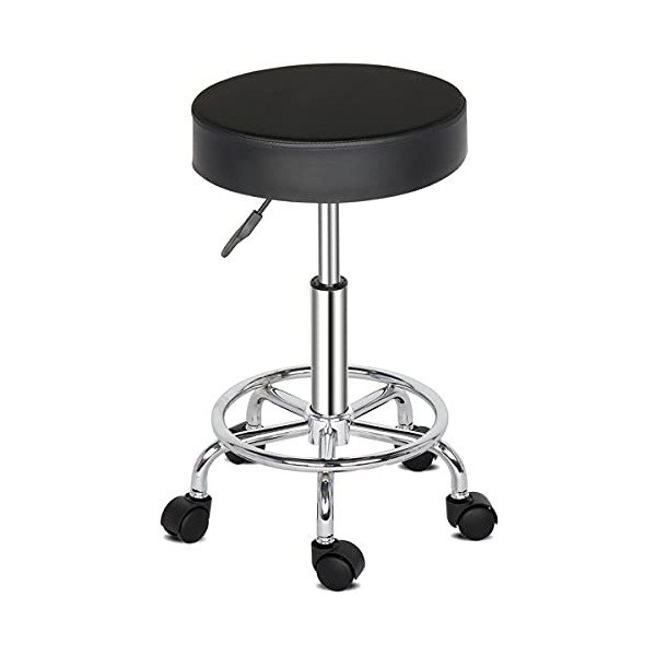 NALLBEIRRAA Round Rolling Stool PU Leather Height Adjustable Swivel Salon