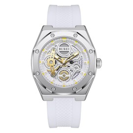 BUREI Watches Fashion Geometric Design Quartz Wristwatch Men Silicone Waterproof Sport Casual Classic Fashion Men Watch Gift for Men (White)