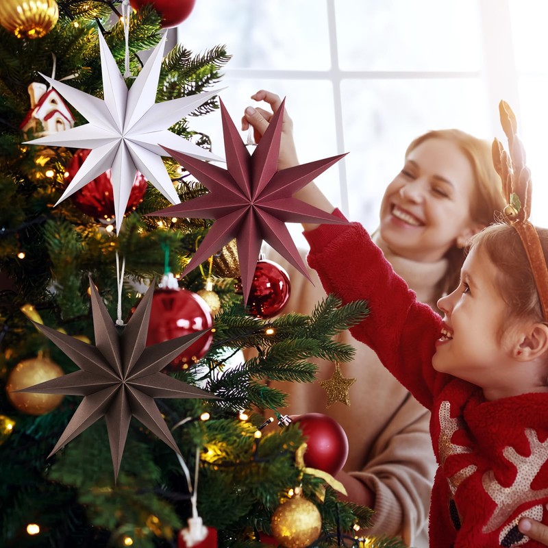 SUNBEAUTY Paper Christmas Stars Lanterns, 3Pcs 30CM 9-Pointed Star Christmas