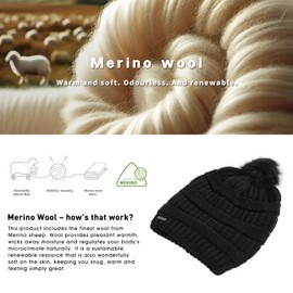 TOP-EX 100% Merino Wool Knit Slouchy Beanie Hats for Women with Faux Fur Pom Bobble - Satin Lined Warm Winter Wool Hats for Ladies Ski Outdoor Cold Weather Black