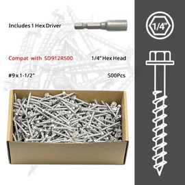 SD Connector Screws Compatible with Strong-Tie, #9 x 1-1/2" Heavy-Duty Joist Hanger Screws, 1/4" Hex Head with 0.370"-Dia, Mech Galv, Resists Wear (500ct)