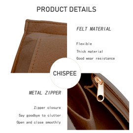 Chispee Felt Purse Organizer Insert Luxury Handbag Organizers for Longchamp Organizer Insert Divider Pocket & Zipper Inner Bag Liner fit Medium, Light Tan
