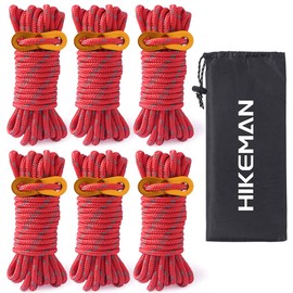 HIKEMAN 6pcs Reflective Tent Guy Ropes - 5mm Tent Guy Line Heavy Duty Guide Rope with Tensioner Adjuster for Outdoor Camping Hiking Awning Tarp Tents (Red)