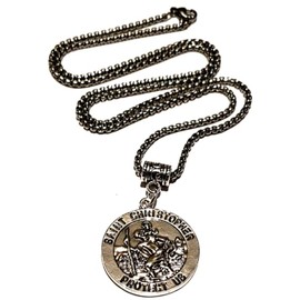 Men's Large, Antique Silver, Double-Sided 3cm 'SAINT CHRISTOPHER PROTECT US' Pendant Medal Necklace on a 60cm Stainless Steel Box Chain in a Velvet Gift Bag.