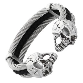 Klapgo Men's Gothic Skull Bracelet Stainless Steel Cable and Leather Punk Bangle, Open Cuff Design for Biker Rocker Gothic Jewelry