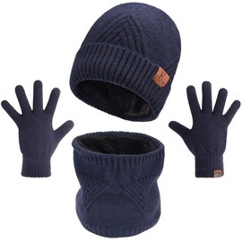 Maylisacc - Juego de 3 guantes térmicos de invierno para visualización táctil, gorro de punto y protector de visualización, diseño de calaveras de esquí para hombres y mujeres, con forro polar cálido, Azul, Talla única