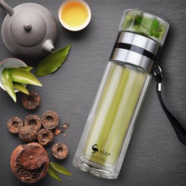 Botella de infusor de té 400ML,termo de vidrio de doble pared,Botella de Agua,con filtro de acero inoxidable,A Prueba De Fugas,kit de te,para Exteriores, Oficinas, Hogar,14 Onzas