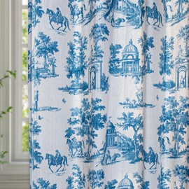 Linen Toile Curtains for Living Room 63 Inch Length 2 Panels Set Long Vintage Blue French Country Light Filtering Farmhouse Window Grommet Curtains for Bedroom Decor