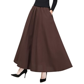 Women's Girls Plain Linen Maxi Skirt Long Skirt Maxi Skirt with Side Pockets Elastic Waist Retro Vintage Simple Chic Skirt Length 90 cm Size 34/36/38/40/42, Plain Brown
