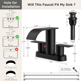 FORIOUS Matte Black Bathroom Faucets, Waterfall 4 Inch Centerset Bathroom Sink Faucet with Metal Pop up Drain and cUPC Hose for Basin, Vanity, RV, Pedestal 2 or 3 Hole Sink