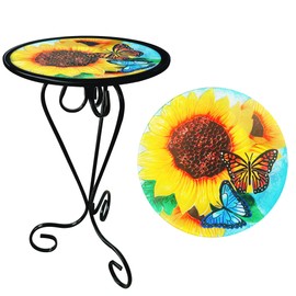 Manortang 12 Inch Outdoor Side Table, Round Patio Accent Indoor End Table with Glass Top & Metal Base for Living Room, Office, Balcony, Sunflower Butterfly Indoor Furniture Decor(20" Height)